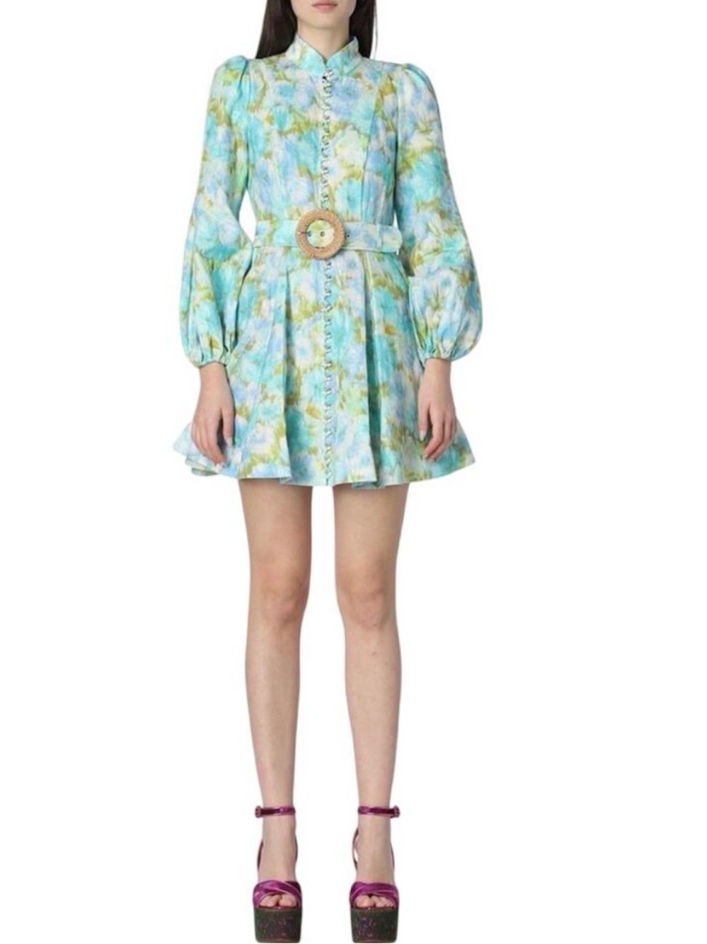 Zimmerman High Tide Watercolor Teal & Aqua Long Sleeve Mini Dress with Belt